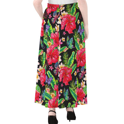 Exotic Hibiscus Flowers Pattern Print Chiffon Maxi Skirt