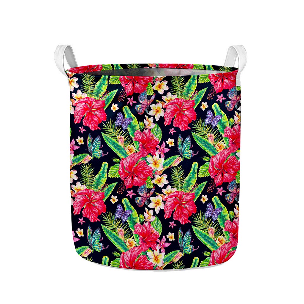 Exotic Hibiscus Flowers Pattern Print Collapsible Laundry Basket