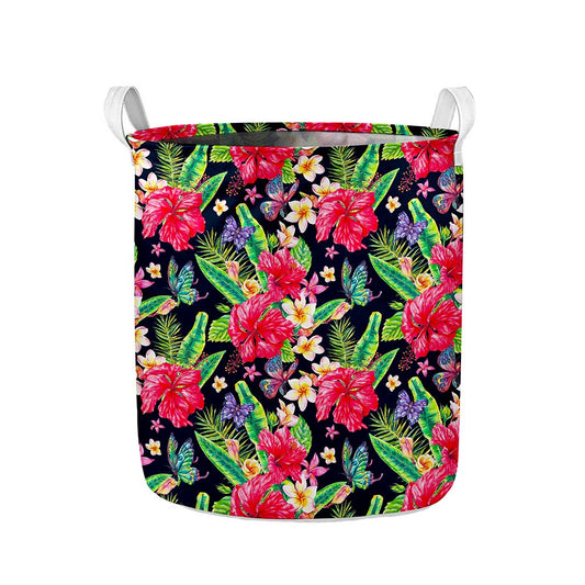 Exotic Hibiscus Flowers Pattern Print Collapsible Laundry Basket