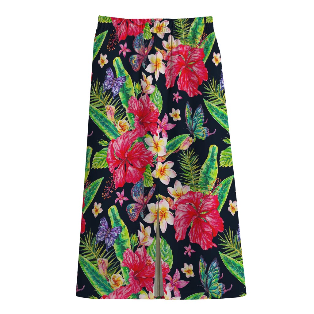 Exotic Hibiscus Flowers Pattern Print Cotton Front Slit Maxi Skirt