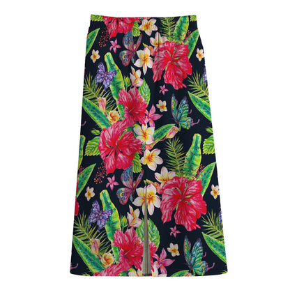 Exotic Hibiscus Flowers Pattern Print Cotton Front Slit Maxi Skirt