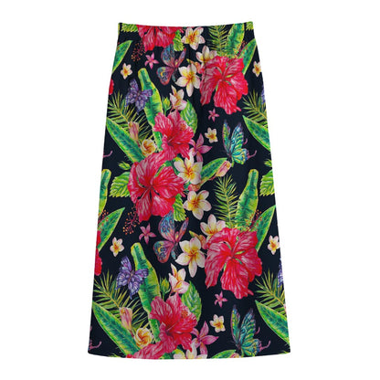 Exotic Hibiscus Flowers Pattern Print Cotton Front Slit Maxi Skirt