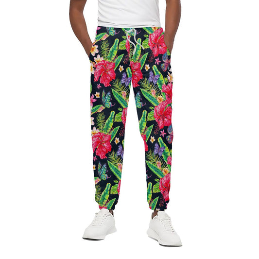 Exotic Hibiscus Flowers Pattern Print Cotton Pants