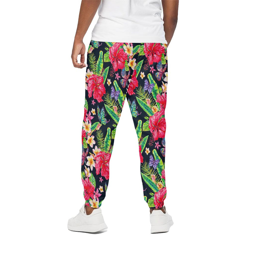 Exotic Hibiscus Flowers Pattern Print Cotton Pants