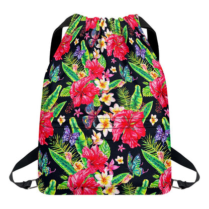 Exotic Hibiscus Flowers Pattern Print Drawstring Backpack