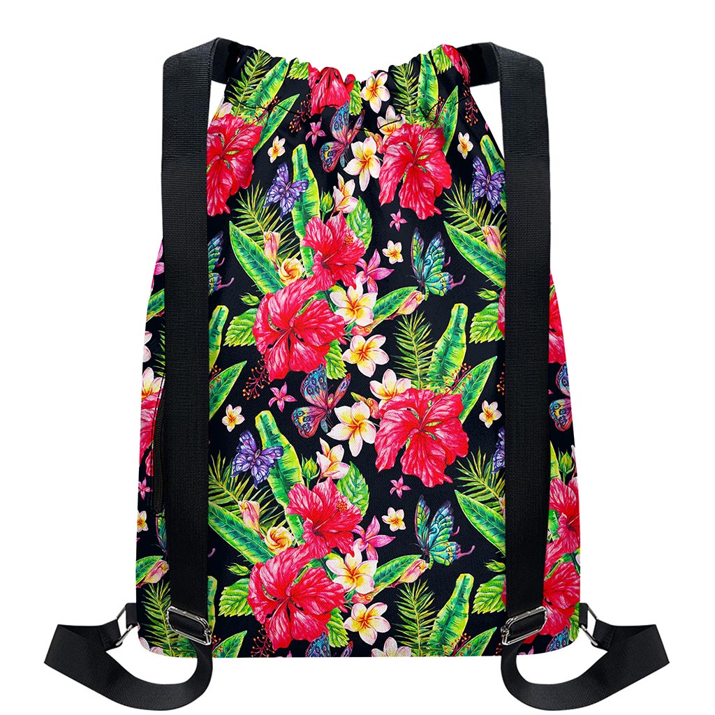 Exotic Hibiscus Flowers Pattern Print Drawstring Backpack