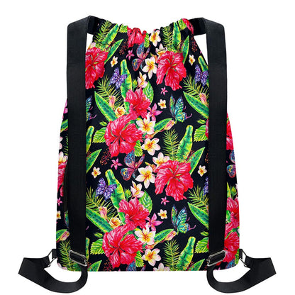 Exotic Hibiscus Flowers Pattern Print Drawstring Backpack