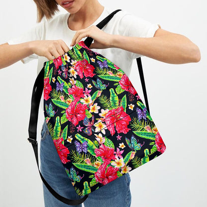Exotic Hibiscus Flowers Pattern Print Drawstring Backpack