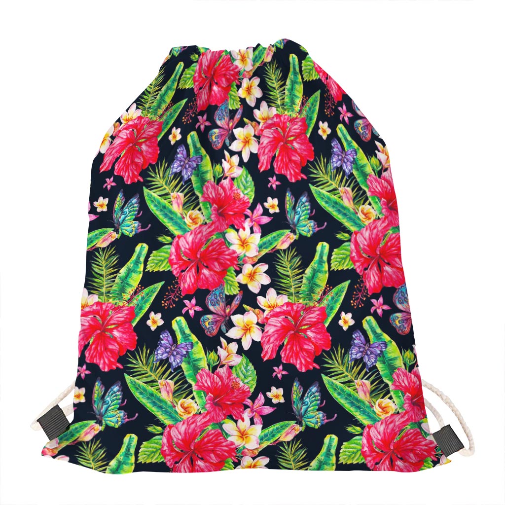 Exotic Hibiscus Flowers Pattern Print Drawstring Bag