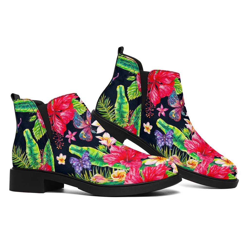 Exotic Hibiscus Flowers Pattern Print Flat Ankle Boots