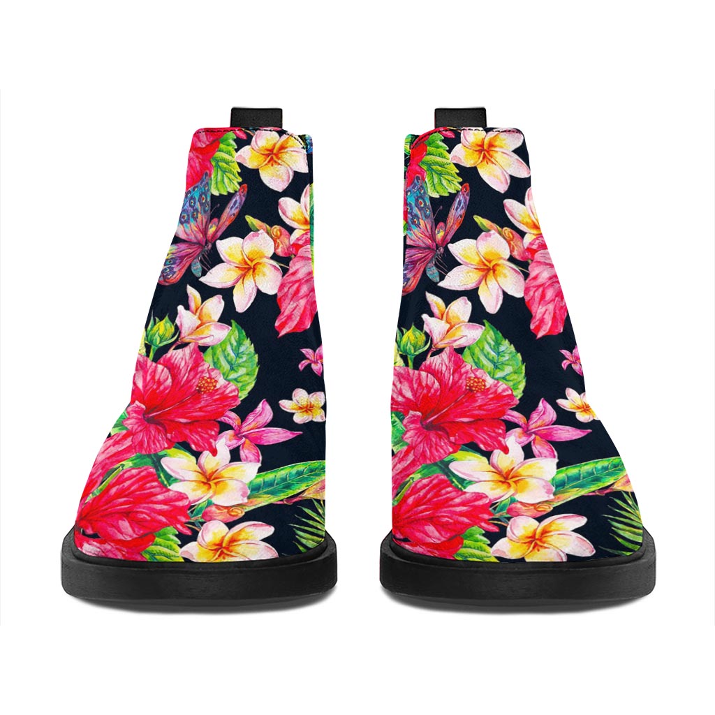 Exotic Hibiscus Flowers Pattern Print Flat Ankle Boots