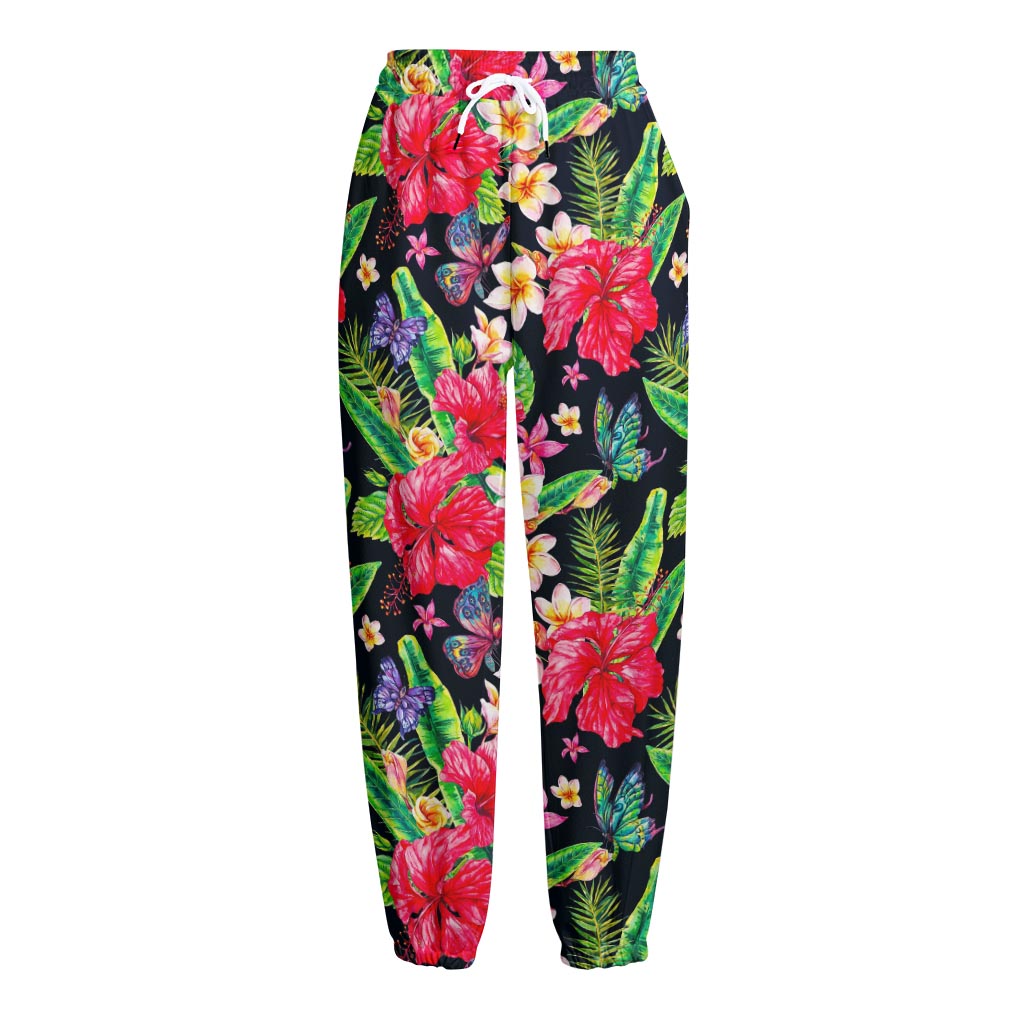 Exotic Hibiscus Flowers Pattern Print Fleece Lined Knit Pants