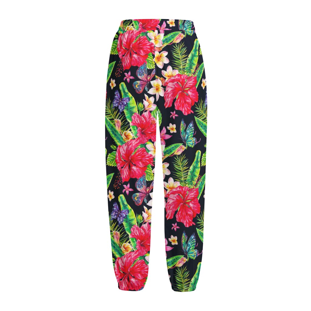 Exotic Hibiscus Flowers Pattern Print Fleece Lined Knit Pants