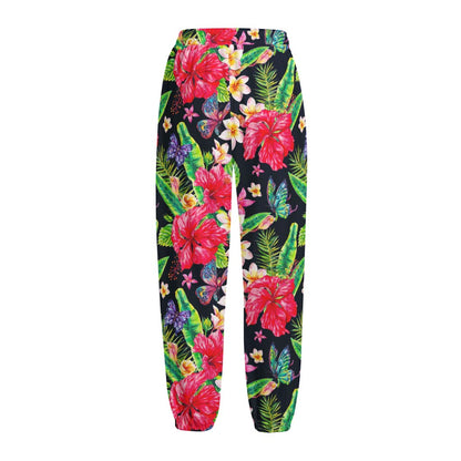 Exotic Hibiscus Flowers Pattern Print Fleece Lined Knit Pants