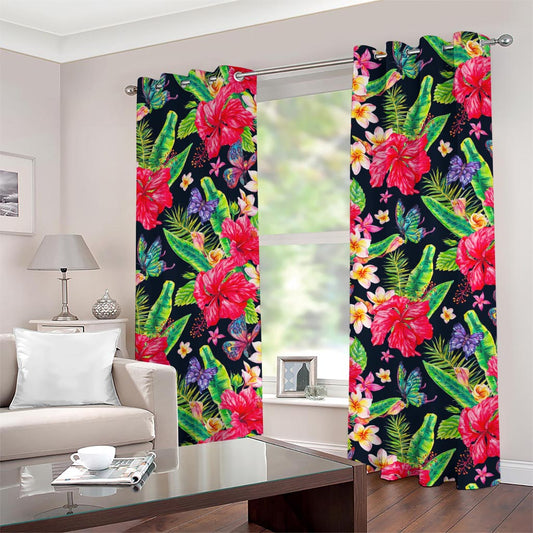 Exotic Hibiscus Flowers Pattern Print Grommet Curtains