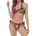 Exotic Hibiscus Flowers Pattern Print Halter Scoop Tie Side Bikini