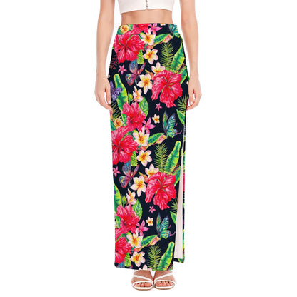 Exotic Hibiscus Flowers Pattern Print High Slit Maxi Skirt