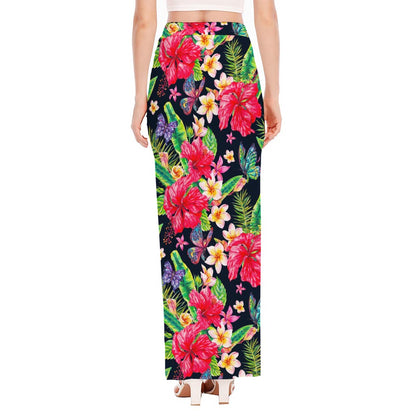 Exotic Hibiscus Flowers Pattern Print High Slit Maxi Skirt