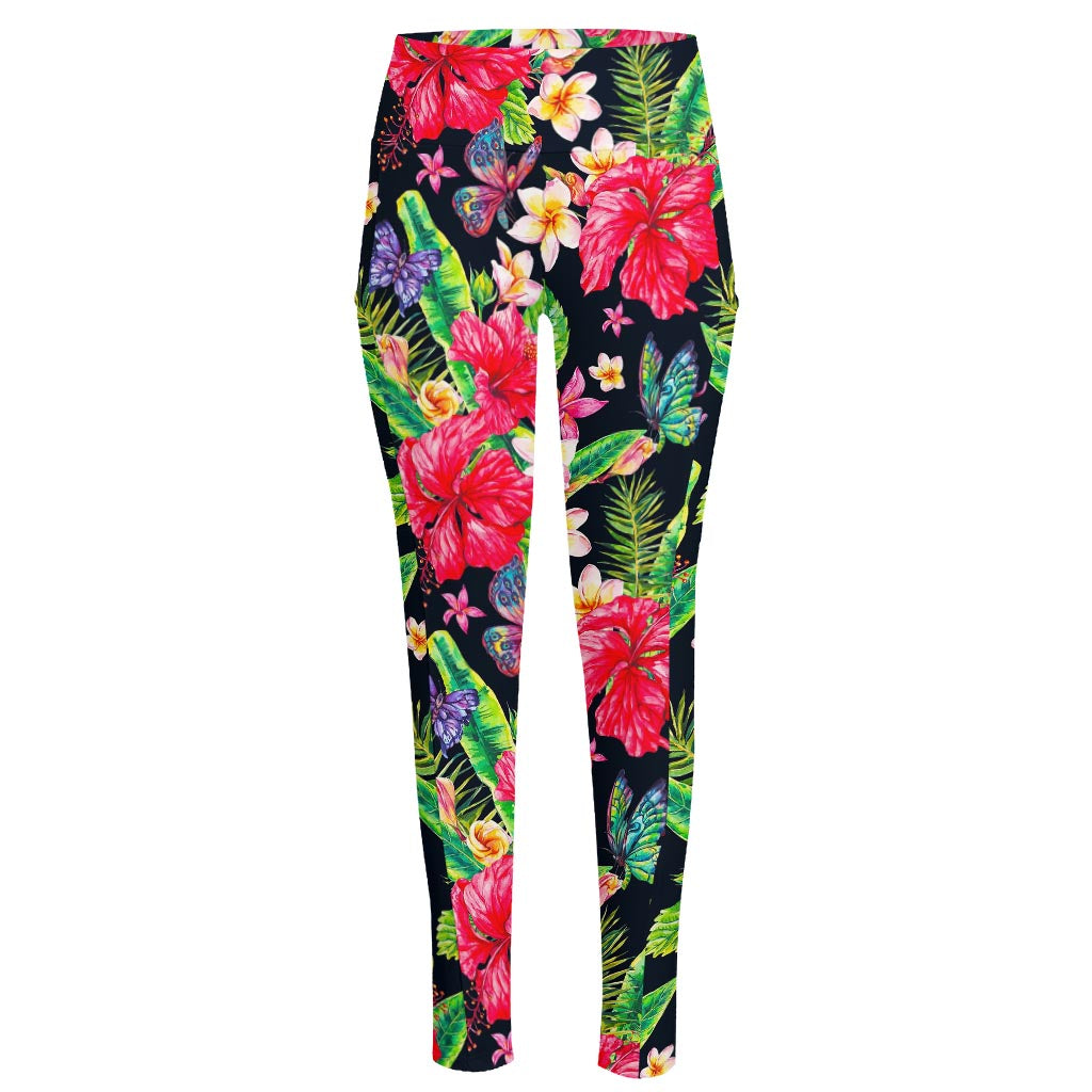Exotic Hibiscus Flowers Pattern Print High-Waisted Pocket Leggings