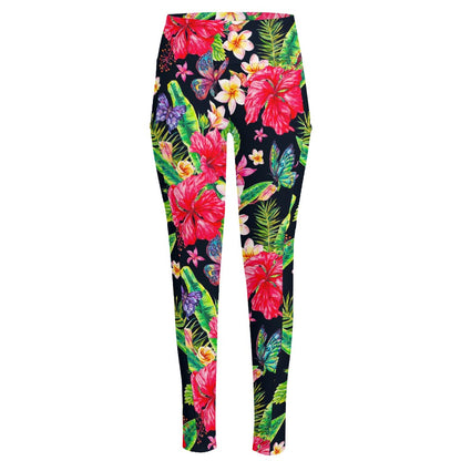 Exotic Hibiscus Flowers Pattern Print High-Waisted Pocket Leggings