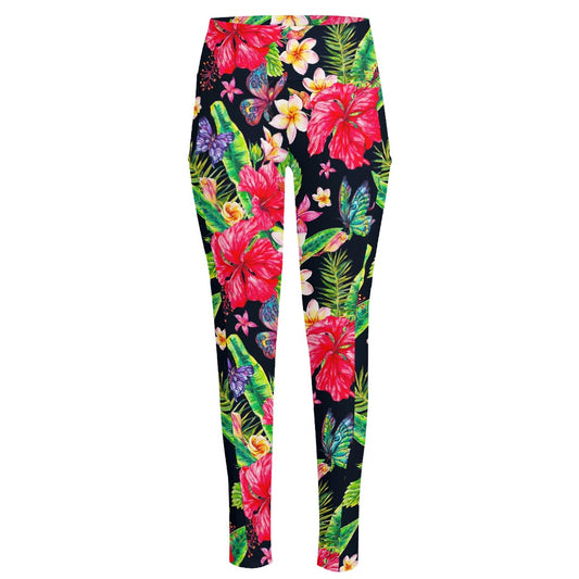 Exotic Hibiscus Flowers Pattern Print High-Waisted Pocket Leggings