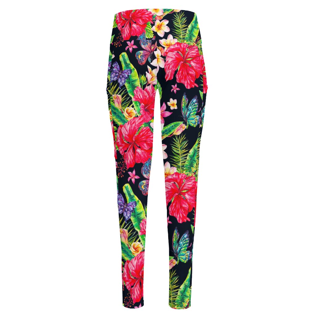 Exotic Hibiscus Flowers Pattern Print High-Waisted Pocket Leggings
