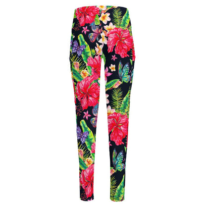Exotic Hibiscus Flowers Pattern Print High-Waisted Pocket Leggings