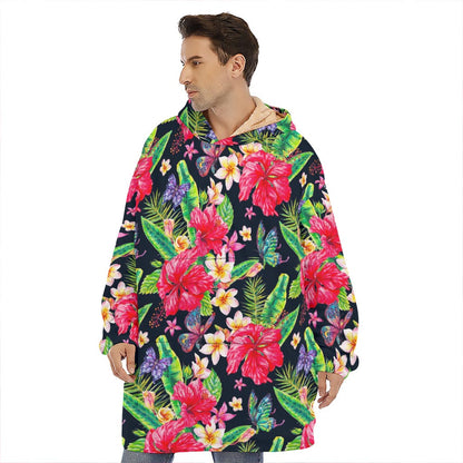 Exotic Hibiscus Flowers Pattern Print Hoodie Blanket