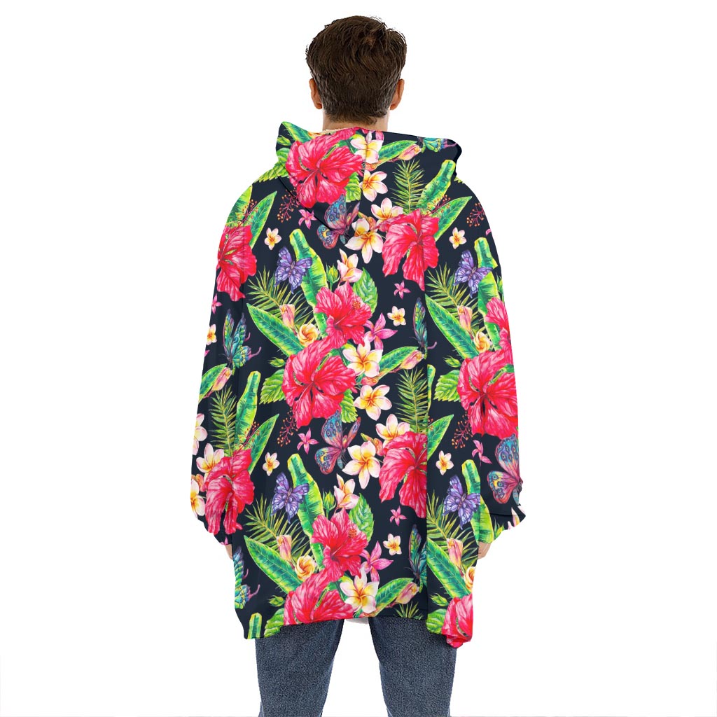 Exotic Hibiscus Flowers Pattern Print Hoodie Blanket