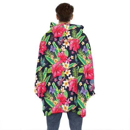 Exotic Hibiscus Flowers Pattern Print Hoodie Blanket