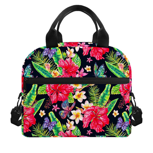 Exotic Hibiscus Flowers Pattern Print Insulated Lunch Bag