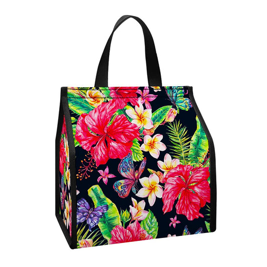 Exotic Hibiscus Flowers Pattern Print Insulated Lunch Tote