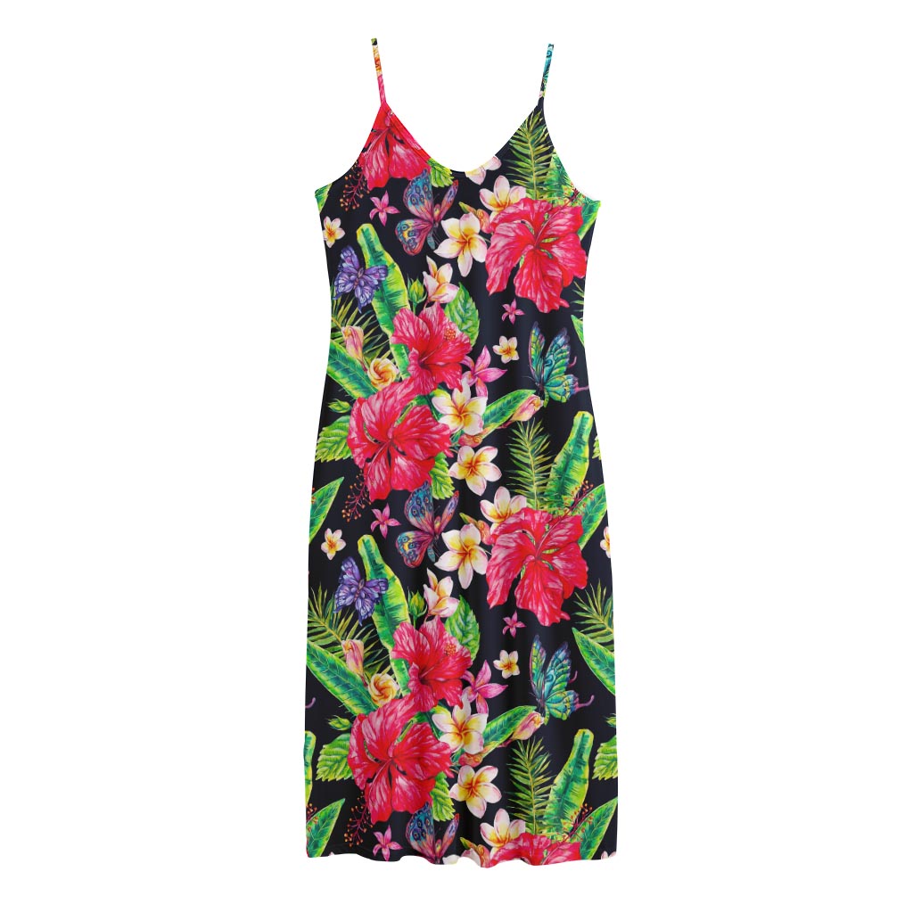 Exotic Hibiscus Flowers Pattern Print Jersey Midi Cami Dress
