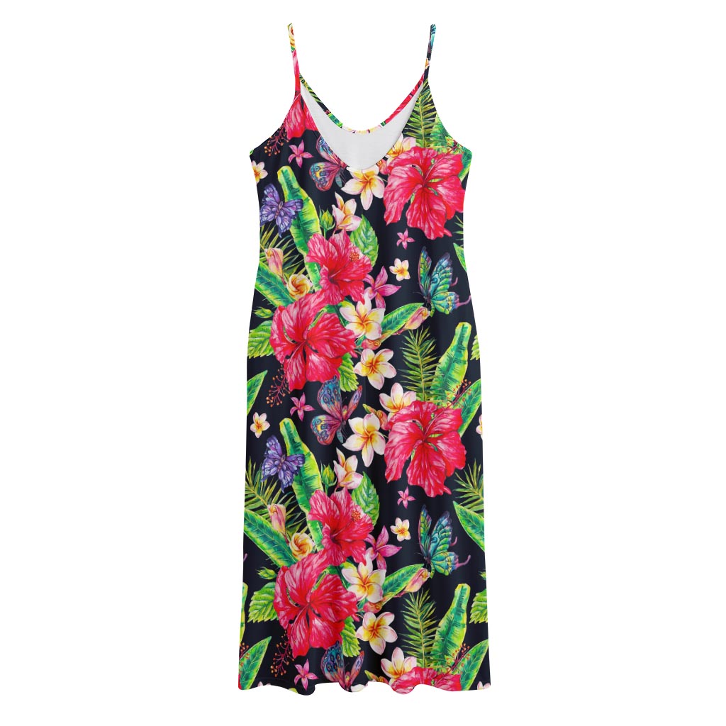 Exotic Hibiscus Flowers Pattern Print Jersey Midi Cami Dress
