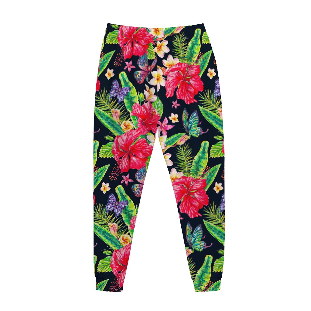 Exotic Hibiscus Flowers Pattern Print Jogger Pants