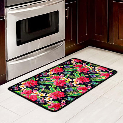 Exotic Hibiscus Flowers Pattern Print Kitchen Mat
