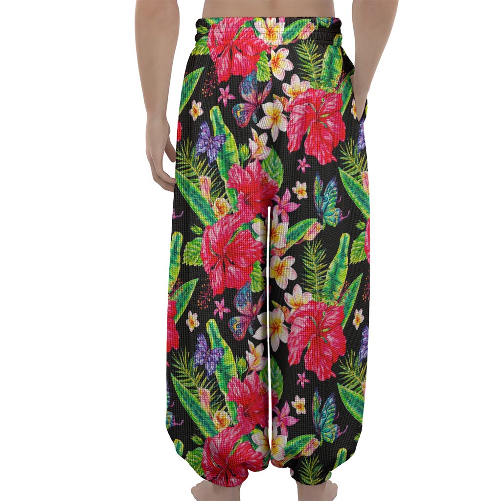 Exotic Hibiscus Flowers Pattern Print Lantern Pants