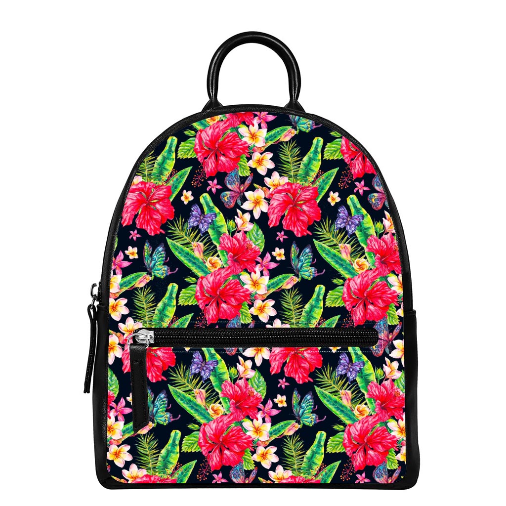Exotic Hibiscus Flowers Pattern Print Leather Backpack