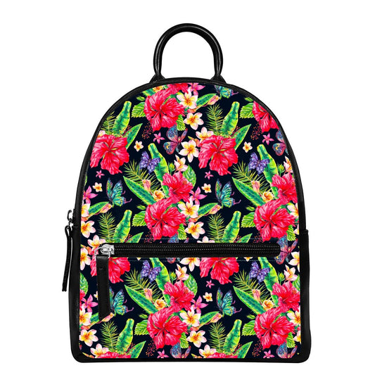 Exotic Hibiscus Flowers Pattern Print Leather Backpack