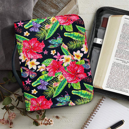 Exotic Hibiscus Flowers Pattern Print Leather Bible Cover