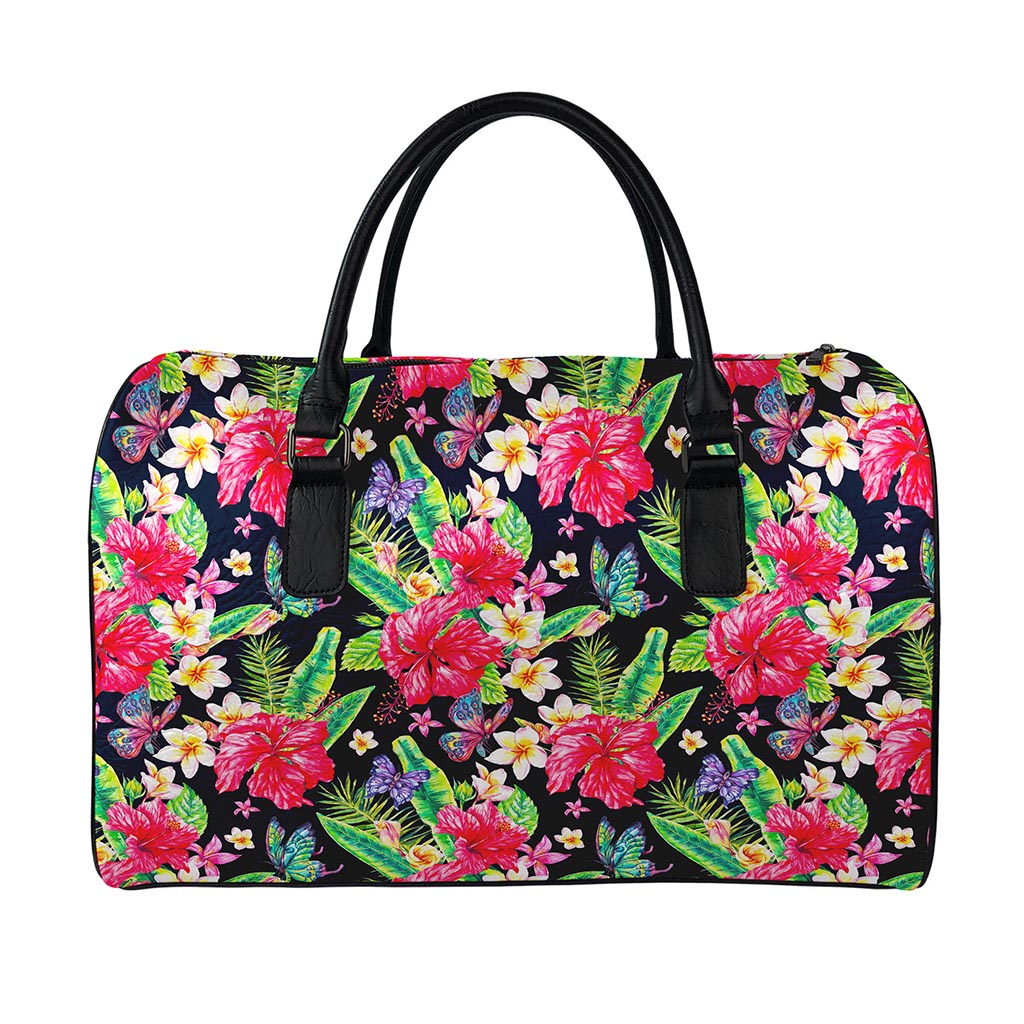 Exotic Hibiscus Flowers Pattern Print Leather Duffle Bag