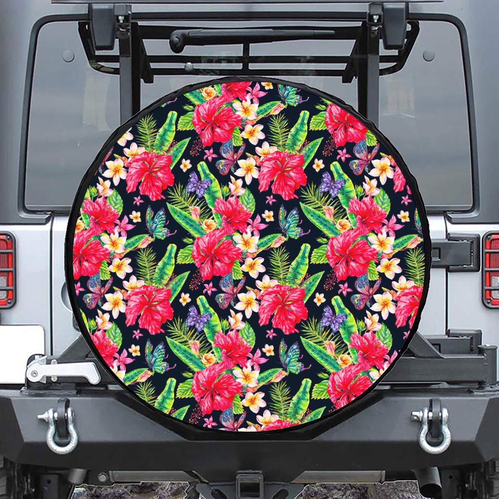 Exotic Hibiscus Flowers Pattern Print Leather Spare Tire Cover