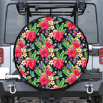 Exotic Hibiscus Flowers Pattern Print Leather Spare Tire Cover