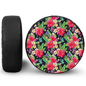 Exotic Hibiscus Flowers Pattern Print Leather Spare Tire Cover