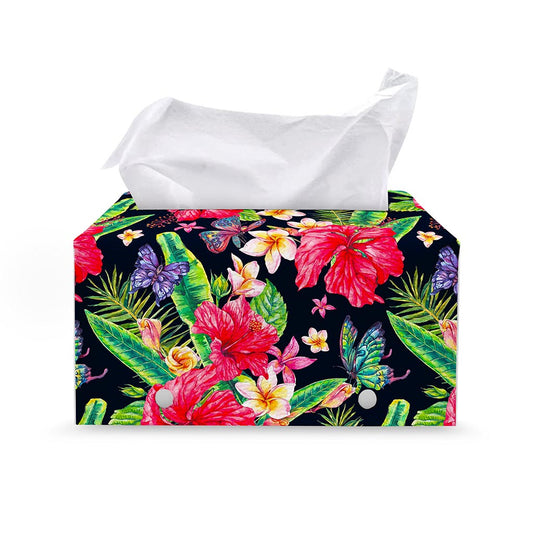 Exotic Hibiscus Flowers Pattern Print Leather Tissue Box Cover