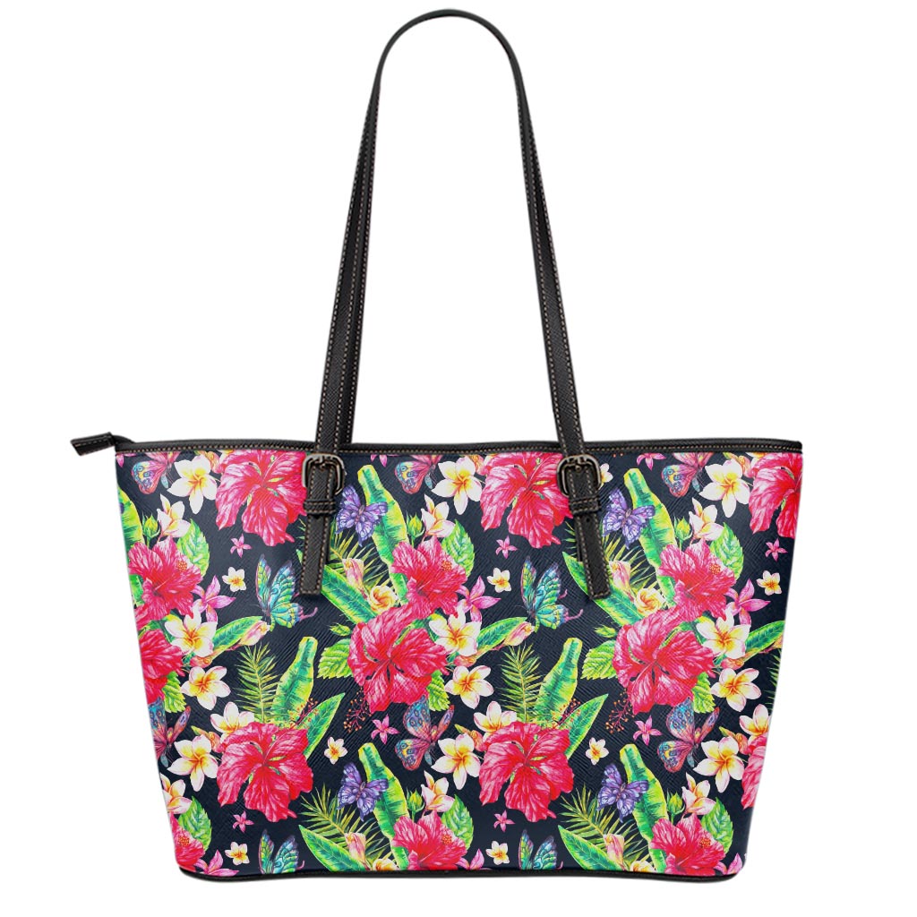 Exotic Hibiscus Flowers Pattern Print Leather Tote Bag