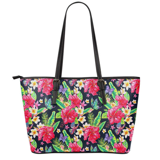 Exotic Hibiscus Flowers Pattern Print Leather Tote Bag