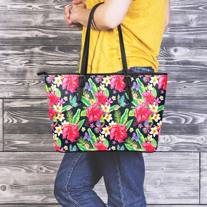 Exotic Hibiscus Flowers Pattern Print Leather Tote Bag