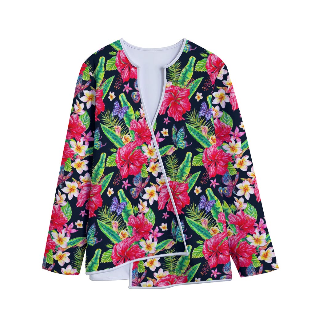 Exotic Hibiscus Flowers Pattern Print Long Sleeve Short Coat