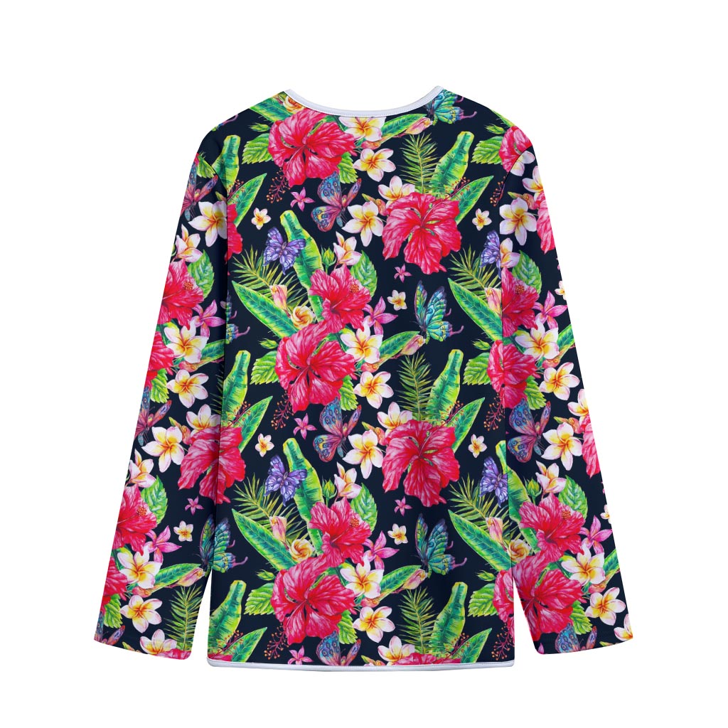 Exotic Hibiscus Flowers Pattern Print Long Sleeve Short Coat